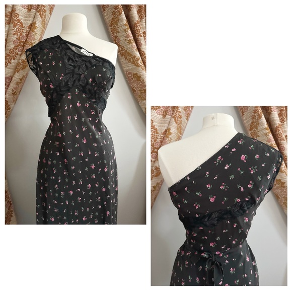 THE ATTICO • Peggy One Shoulder, Lace Panel Silk Slip Dress in Black - Picture 5 of 10